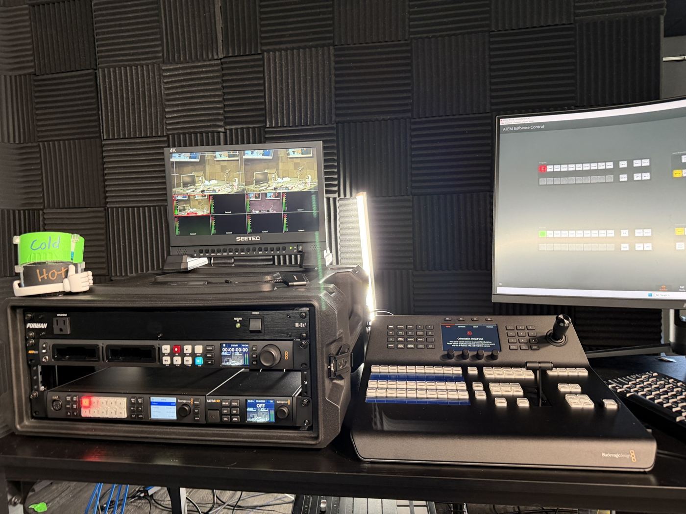 Recorders, video switcher and monitors at the control desk at studioUSA East in Plano